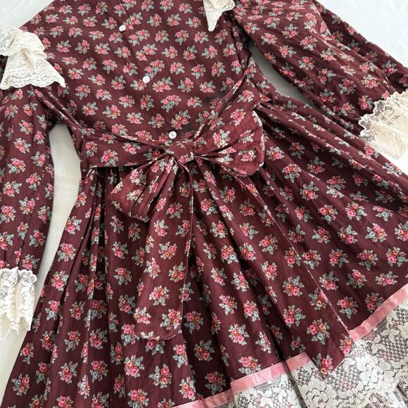Vtg Girls Dress Mini World Sz 8 Maroon Calico Prairie Ruffle Cottagecore Lace - Picture 11 of 12